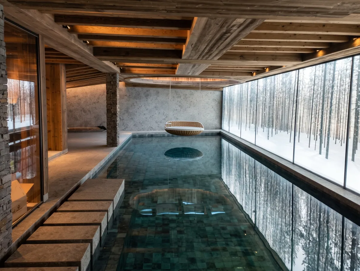 Plafond en bois au-dessus d'une piscine intérieure