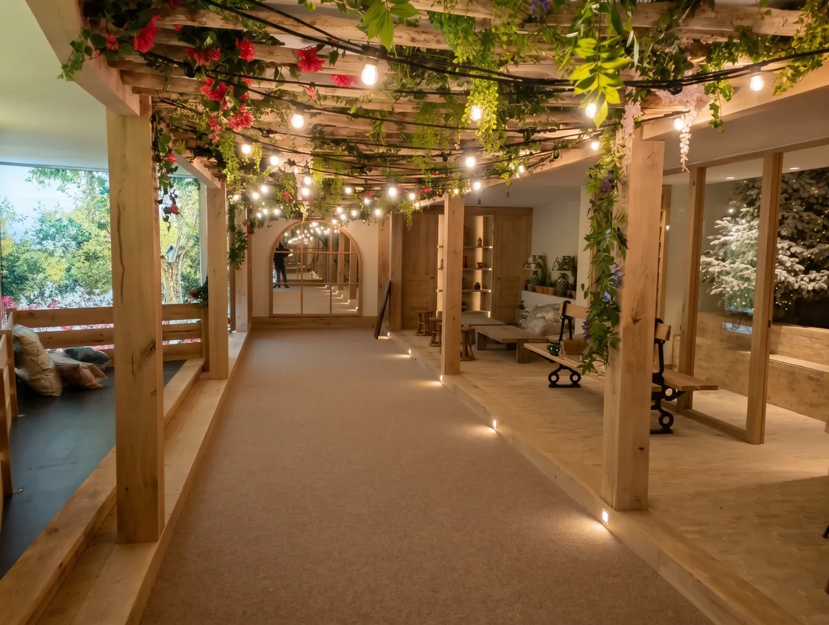Pergola intérieure en bois le long d'un couloir