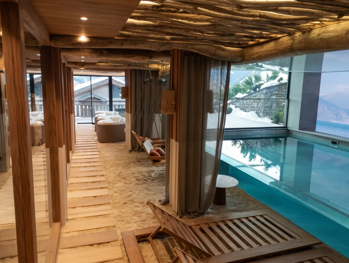 Couloir le long d'une piscine intérieure, plancher et poteaux en bois