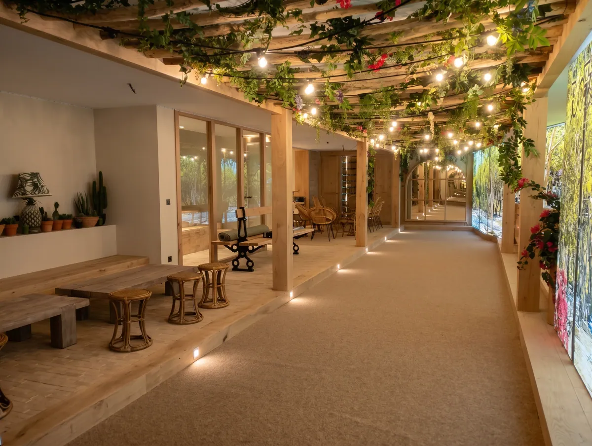 Pergola intérieure en bois le long d'un couloir, autre vue