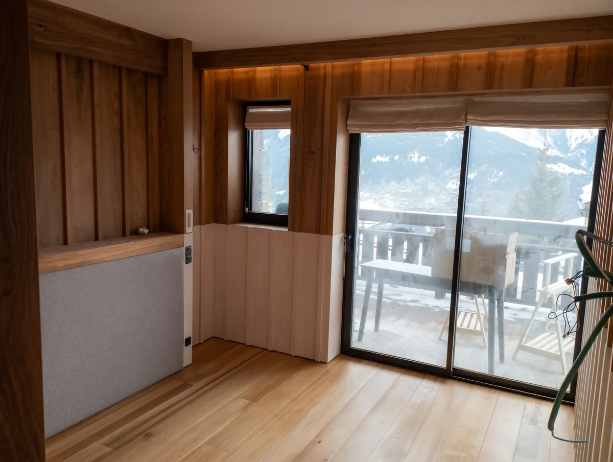 Chambre habillée de lambris en bois, soubassement clair