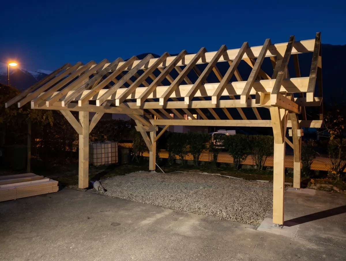 Carport en bois éclairé, de nuit