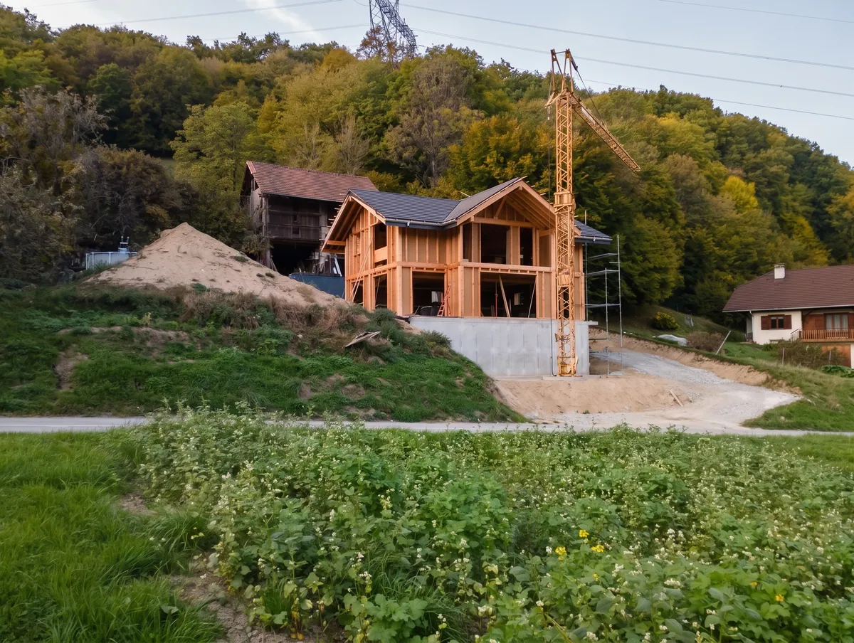 Maison à ossature bois en construction, vue d'ensemble