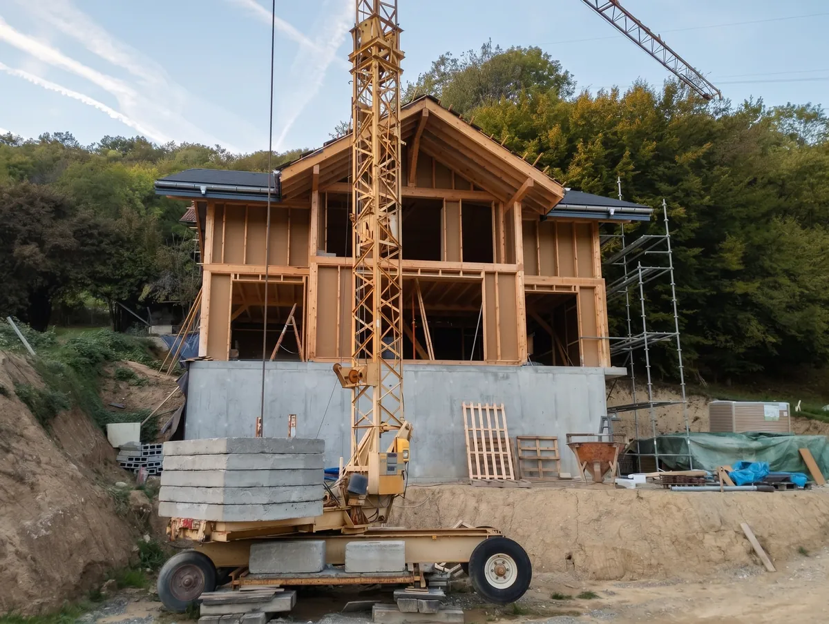 Façade d'une maison à ossature bois en construction
