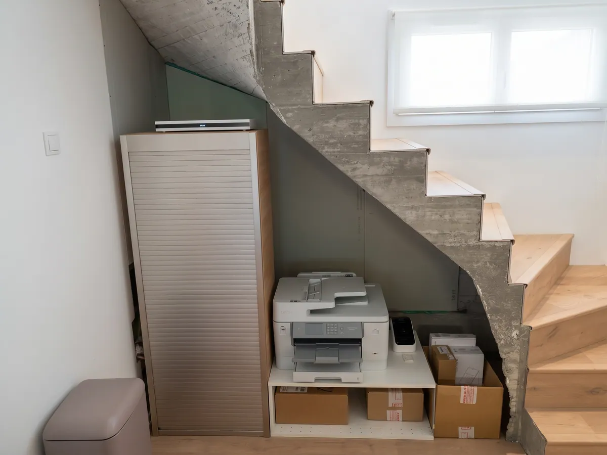 Avant : meuble à rideau et imprimante sous un escalier en béton aux marches de bois