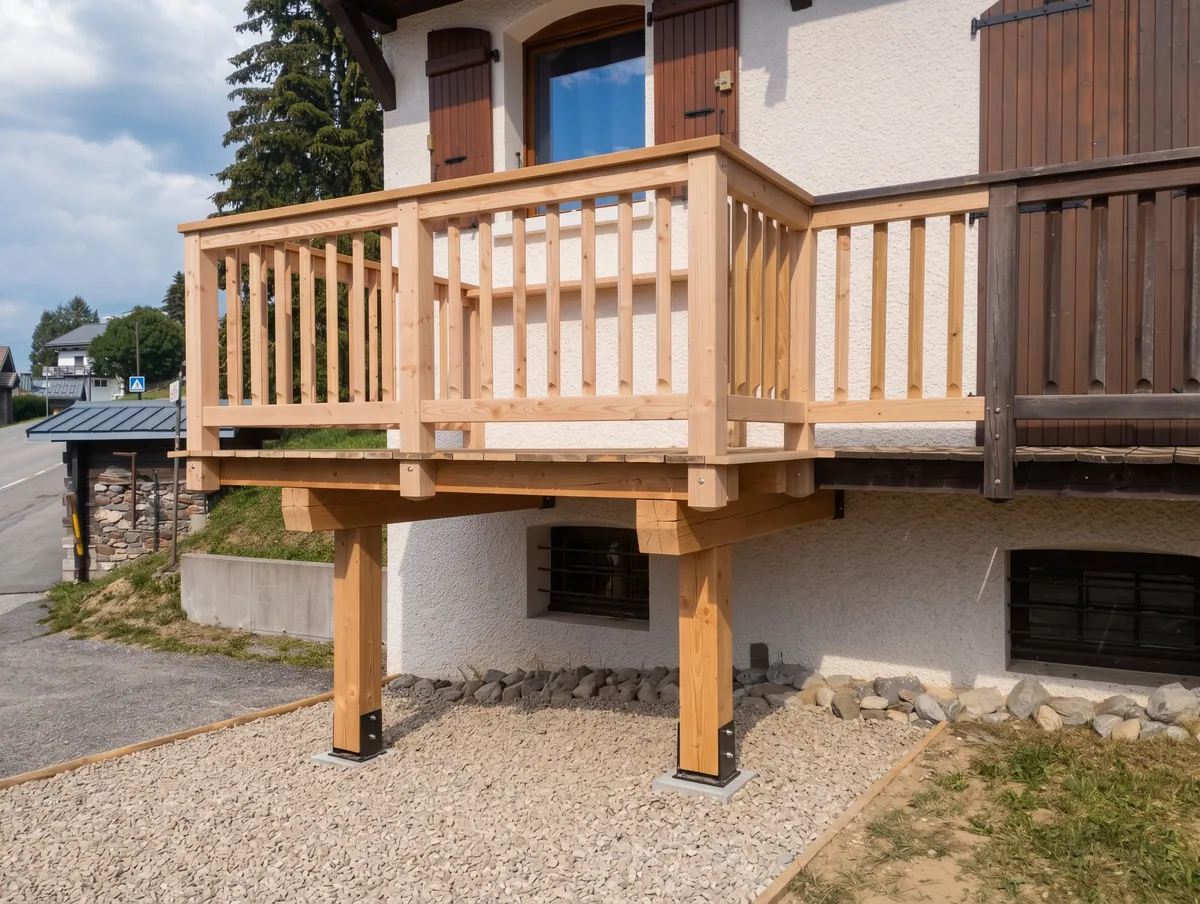 Balcon sur poteaux en bois, garde-corps à barreaux
